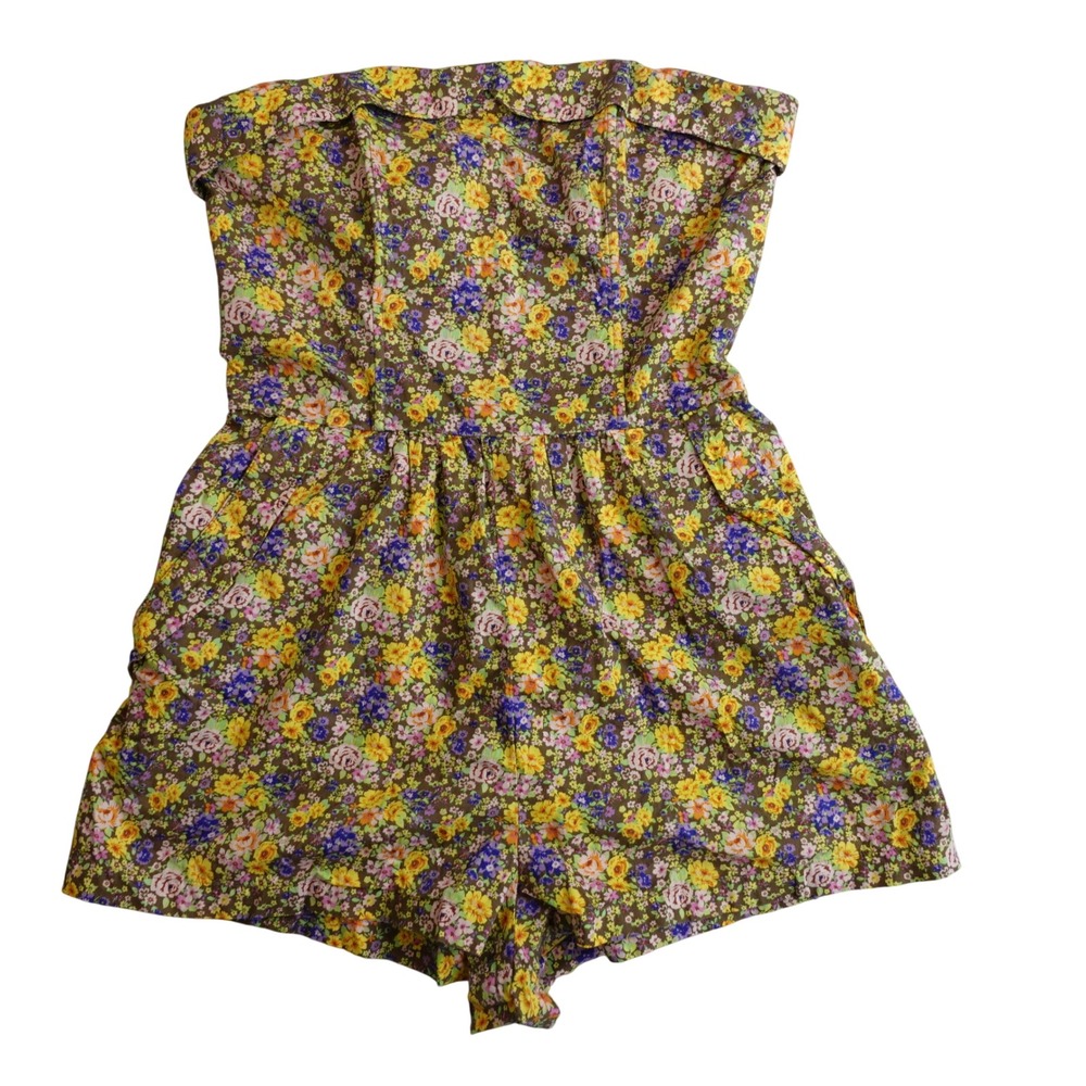 Vintage Y2K Strapless Ditsy Floral Romper M Brown Cottage Indie Sleaze Cotton